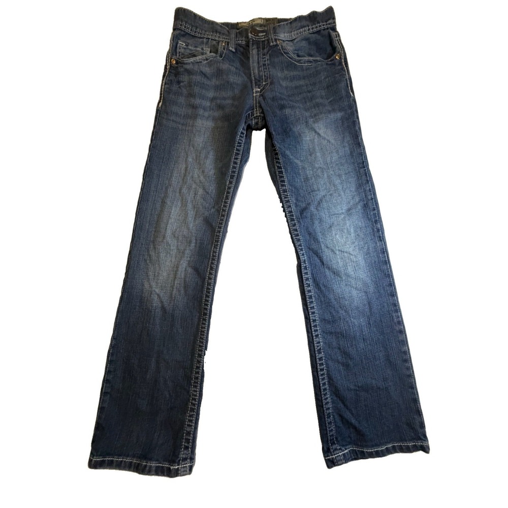 BKE Jake Jeans Mens 29S Blue Straight Leg Whiskered Distressed Buckle Denim